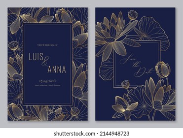 Luxury lotus template for wedding invitation. Floral design with lily and leaves. Vector poster for wedding date celebration. Golden frame and line flowers. Decorative cards