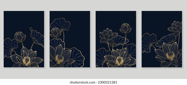 Luxury lotus vector background cover. Plant hand drawn with copy space for text and gold line art lotus flower, lotus branch in blue colors. Botanical design suitable for banner, cover, invitation.