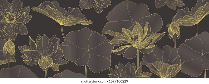 luxury lotus wallpaper design vector, lotus line arts, Golden Lotus flowers patterns design for packaging background, print, packaging, natural cosmetics, health care, invitation, cards.