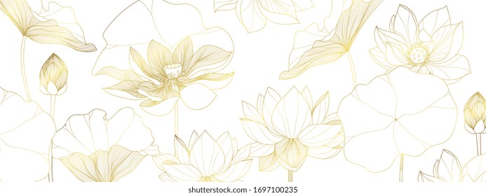 luxury lotus wallpaper design vector, lotus line arts, Golden Lotus flowers patterns design for packaging background, print, packaging, natural cosmetics, health care, invitation, cards.