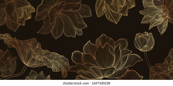 luxury lotus wallpaper design vector, lotus line arts, Golden Lotus flowers patterns design for packaging background, print, packaging, natural cosmetics, health care, invitation, cards.