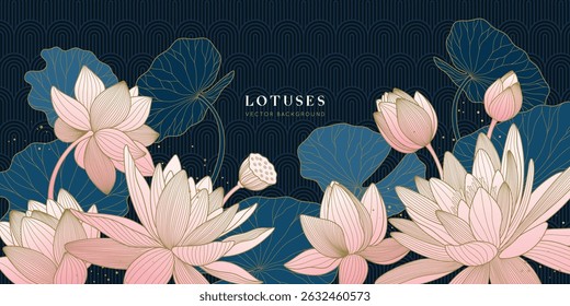 Luxo lotus cartaz com lírios de água no fundo padrão asiático. Flores cor-de-rosa de linhas de vetor douradas