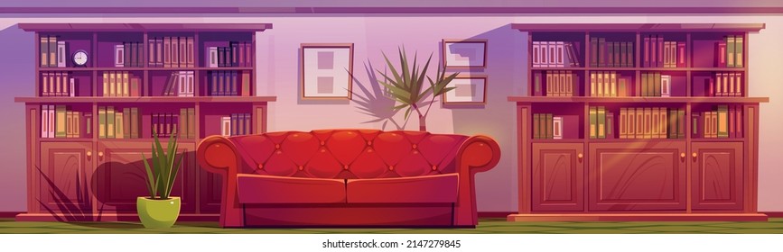 Luxury lounge interior with sofa and bookcases. Vector cartoon illustration of living room or cabinet with couch with leather upholstery in classic style, bookshelves and plants