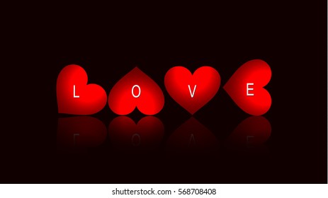 Luxury Love Banner with Romantic Sweet Hearts and Love Spelling on Black Background. Vector Illustration