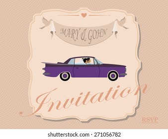 Luxury love! newlyweds ride in an expensive car over them doves holding a banner with the names. For designers into 3 layers