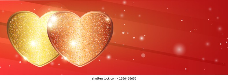 Luxury love red scarlet background for greeting cards for Valentines Day. Gold sparkling hearts. For husband and wife, girlfriend and boyfriend.