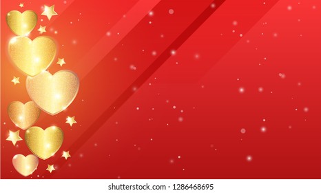 Luxury love red scarlet background for greeting cards for Valentines Day. Gold sparkling hearts. For husband and wife, girlfriend and boyfriend.