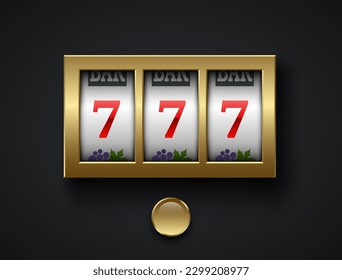 Luxury lucky seven 777 slot machine. Golden spin button, gold frame, isolated on black background. Vector online casino vegas game. Gambling fortune chance web banner. Win jackpot red 7