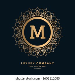 Luxury M letter Golden ornament logo. Mandala logo for Restaurant,Royalty,Boutique,Cafe,Hotel,Heraldic,Jewelry,Fashion,royal,spa,vintage,floral,ornament,jewelry,antique,wedding.