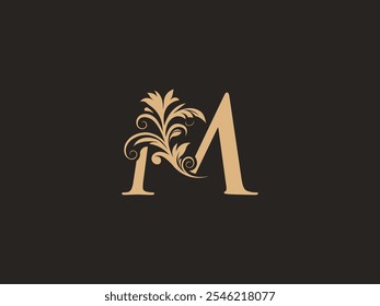 Luxury M letter logo with floral ornate design. Vintage swirl, graceful calligraphic letter identity for premium brand. Filigree, intricate rococo, flowery engraving M signs. Aesthetic elegance.