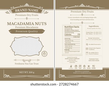 Diseño de empaque de nueces de macadamia de lujo con marca frontal y datos nutricionales posteriores