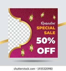 Luxury Magenta and Gold Ramadan Kareem Sale Or Discount Social Media Template for Banner, Ads, Advertising, Greeting Card, Poster, and Others Media Promotion.
