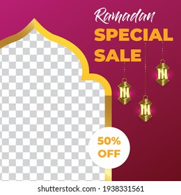 Luxury Magenta and Gold Ramadan Kareem Sale Or Discount Social Media Template for Banner, Ads, Advertising, Greeting Card, Poster, and Others Media Promotion.