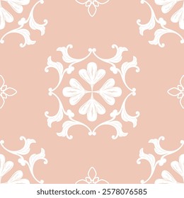 Luxury Magnificent Seamless Monogram Pattern Vector White Scroll Ornament on Pink Clay Background Brilliant Arranged Classy Detailed Florals Timeless Modern Style Embroidery Silk Weaves Curly Filigree