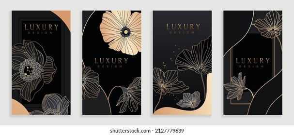 Luxury magnolia hand drawn pattern on black cover design template. Elegant background with magnolia flowers design in gold line art. For social media post, internet, packaging, covers, and prints.