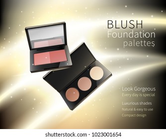 Luxury makeup cosmetics realistic advertisement poster with blush foundation palette on glowing golden radiant background vector illustration 