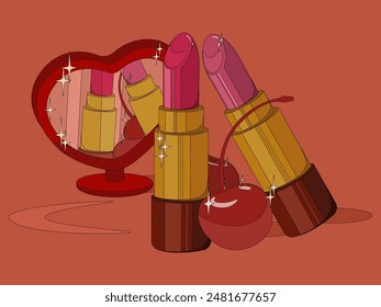 Luxury makeup vintage vector. Glamour cherry lipstick illustration. 