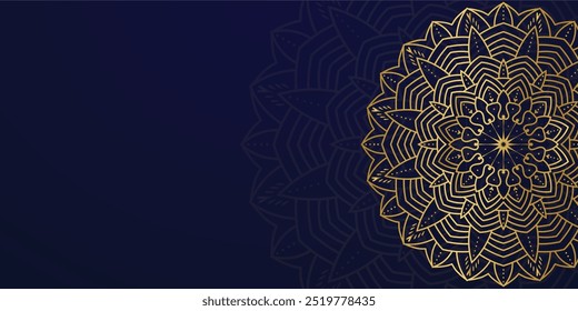 Luxury mandala art Blue background with golden pattern style. Decorative mandala art element for print, poster, cover, brochure, flyer, banner, meditation, yoga, wedding, henna, tattoo, vector art