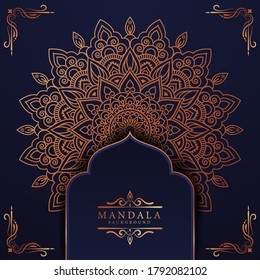 Lujoso marco mandala con un patrón arabesco dorado estilo árabe islámico oriental. Mandala decorativa estilo Ramadán. Mandala para impresión, afiche, portada, folleto, volante, pancarta