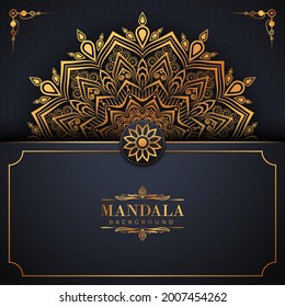 Luxuriöser Mandalahintergrund mit goldenem arabischen Muster arabisch-islamischer Oststil. Dekorative Mandala für Druck, Poster, Cover, Broschüre, Flyer, Banner und Ihre Wunschvorstellungen. Mandala für Henna.
