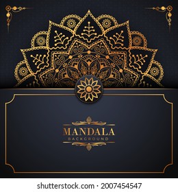 Lujoso marco mandala con un patrón arabesco dorado estilo árabe islámico oriental. Mandala decorativa para imprimir, afiche, portada, folleto, volante, pancarta y sus ideas deseadas. Mandala para Henna.