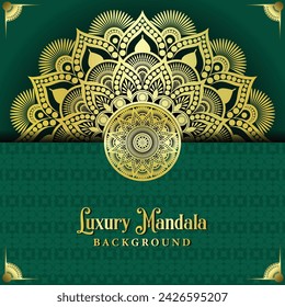 Fondo de mandala de lujo con estilo de patrón dorado. Elemento de arte decorativo mandala para impresión, póster, cubierta, folleto, folleto, pancarta, meditación, yoga, boda, henna, tatuaje, ilustración de arte vectorial