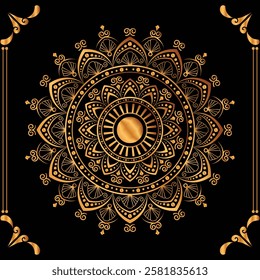 Luxury mandala design black background in gold color
