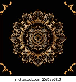 Luxury mandala design black background in gold color
