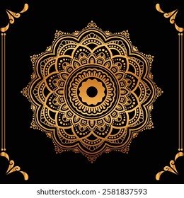 Luxury mandala design black background in gold color
