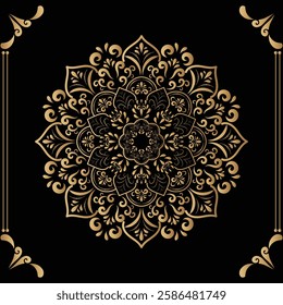 Luxury mandala design black background in gold color