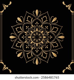 Luxury mandala design black background in gold color