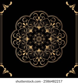 Luxury mandala design black background in gold color