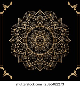 Luxury mandala design black background in gold color