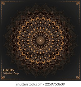 Luxury mandala design template in gold with black background, coloring book pattern in mandala style for mehndi, tattoo, mehndi, decorative ornaments in ethnic oriental style