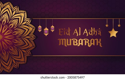 Luxury mandala eid greetings with lanterns, stars, eid al adha mubarak design template