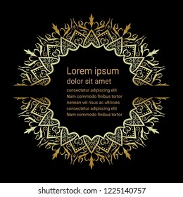 Luxury mandala flower pattern. 
Golden abstract floral design on 
black background. Space for text.