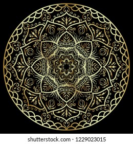 Luxury mandala flower pattern. Golden abstract floral design on black background.