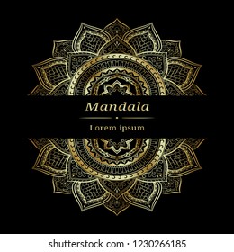 Luxury mandala flower pattern. Golden abstract floral design on black background. Space for text.