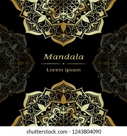 Luxury mandala flower pattern. Golden abstract floral design on black background. Space for text.