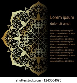 Luxury mandala flower pattern. Golden abstract floral design on black background. Space for text.