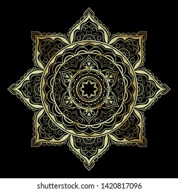 Luxury mandala flower pattern. Golden abstract floral design on black background.