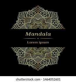 Luxury mandala flower pattern. Golden abstract floral design on black background. Space for text.