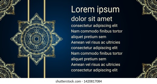 Luxury mandala flower pattern with line. 
Golden abstract floral design on blue background. Space for text.