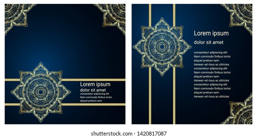 Luxury mandala flower pattern with line. 
Golden abstract floral design on blue background. Space for text.
