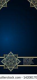 Luxury mandala flower pattern with line. 
Golden abstract floral design on blue background. Space for text.