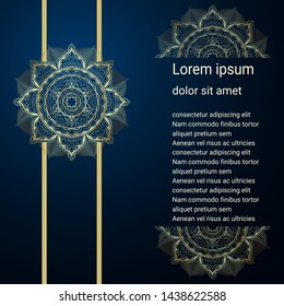 Luxury mandala flower pattern with line. Golden abstract floral design on blue background. Space for text.