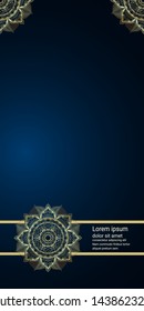 Luxury mandala flower pattern with line. Golden abstract floral design on blue background. Space for text.