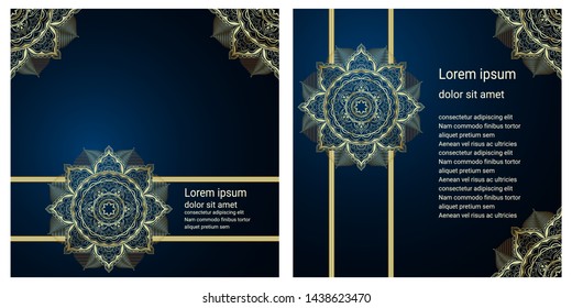Luxury mandala flower pattern with line. Golden abstract floral design on blue background. Space for text.