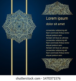 Luxury mandala flower pattern with line. Golden abstract floral design on blue background. Space for text.