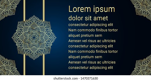 Luxury mandala flower pattern with line. Golden abstract floral design on blue background. Space for text.